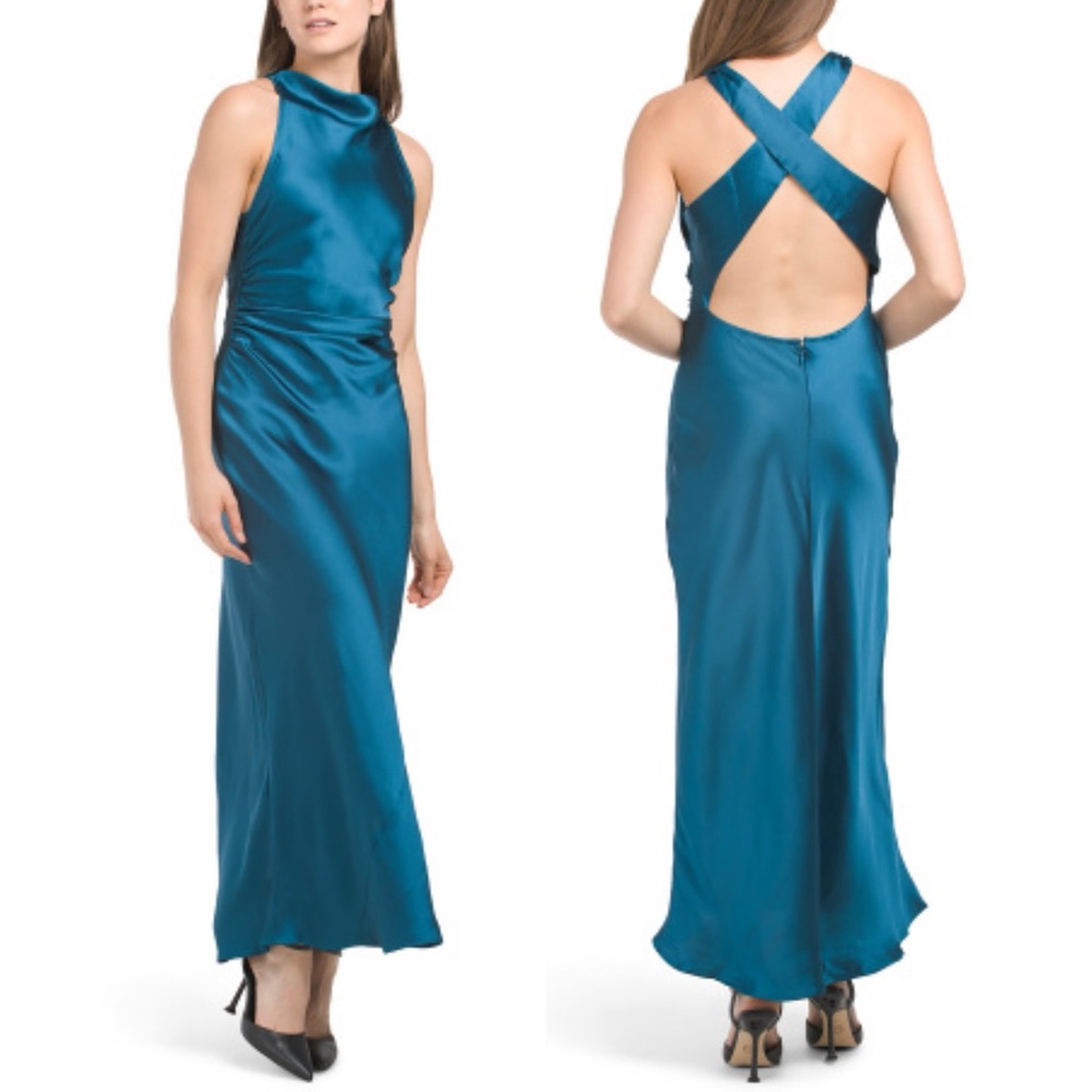 HOUSE OF HARLOW 1960 Satin Dress Teal Sleeveless Criss Cross Back Semi Backless